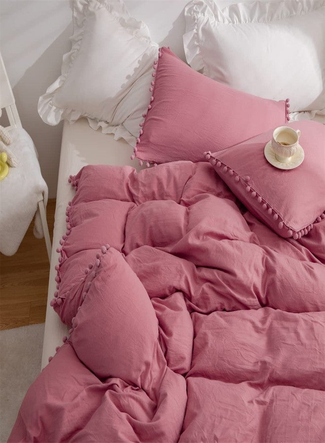 IHOUSTRIY Kid's Duvet Cover Twin Size,100% Washed Microfiber 2pcs Girl Bedding Duvet Cover Set, Pom Poms Fringe Solid Color Soft and Breathable with Zipper Closure & Corner Ties (Dusty Rose, Twin) - Image 5
