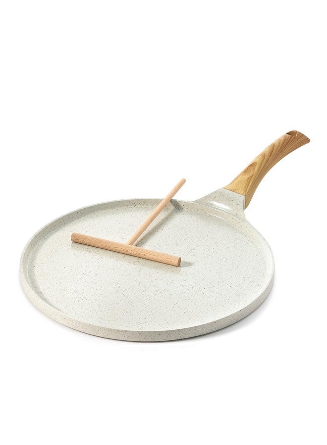 سنسارتي مقلاة كريب سينسارتي غير لاصقة مع مفرش، مقلاة دوسا مطلية بالسيراميك الطبيعي مقاس 10 بوصات، مقلاة مسطحة للفطائر، مقلاة تاوا بمقبض ثابت، متوافقة مع الحث الحراري، خالية من حمض بيرفلورو الأوكتانويك (أبيض) - Image 1