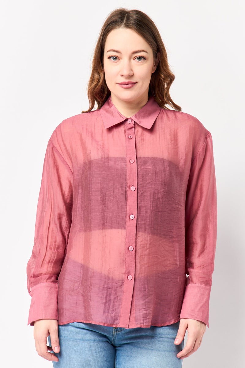 bebe Women Spread Collar Long Sleeve Sheer Shirt, Old Rose - Image 1