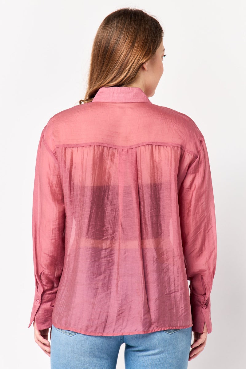 bebe Women Spread Collar Long Sleeve Sheer Shirt, Old Rose - Image 3