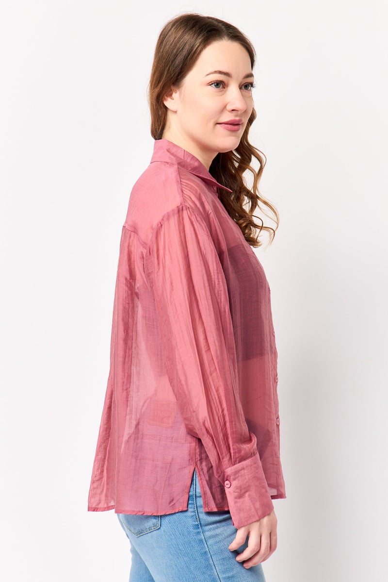 bebe Women Spread Collar Long Sleeve Sheer Shirt, Old Rose - Image 2