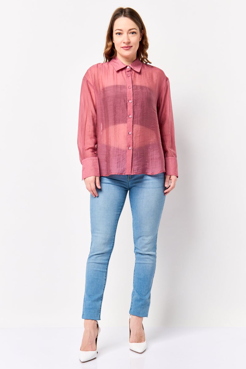 bebe Women Spread Collar Long Sleeve Sheer Shirt, Old Rose - Image 4