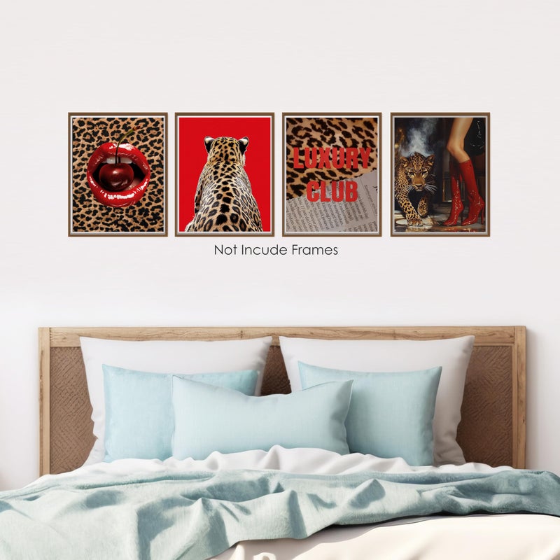 BESERH Cheetah Print Room Wall Decor, Funky Red Leopard Cherry Wall Art Prints, Modern Aesthetic Leopard Posters for Girls Bedroom Dorm Apartment Home, 8x10 Inches Set of 4 Unframed - Image 5