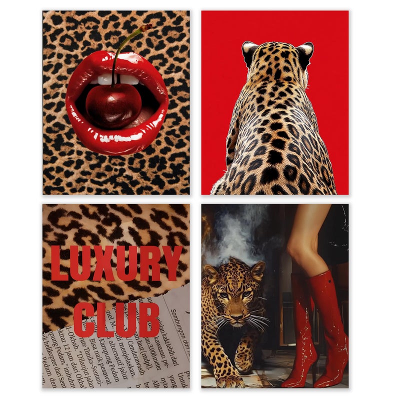 BESERH Cheetah Print Room Wall Decor, Funky Red Leopard Cherry Wall Art Prints, Modern Aesthetic Leopard Posters for Girls Bedroom Dorm Apartment Home, 8x10 Inches Set of 4 Unframed - Image 1