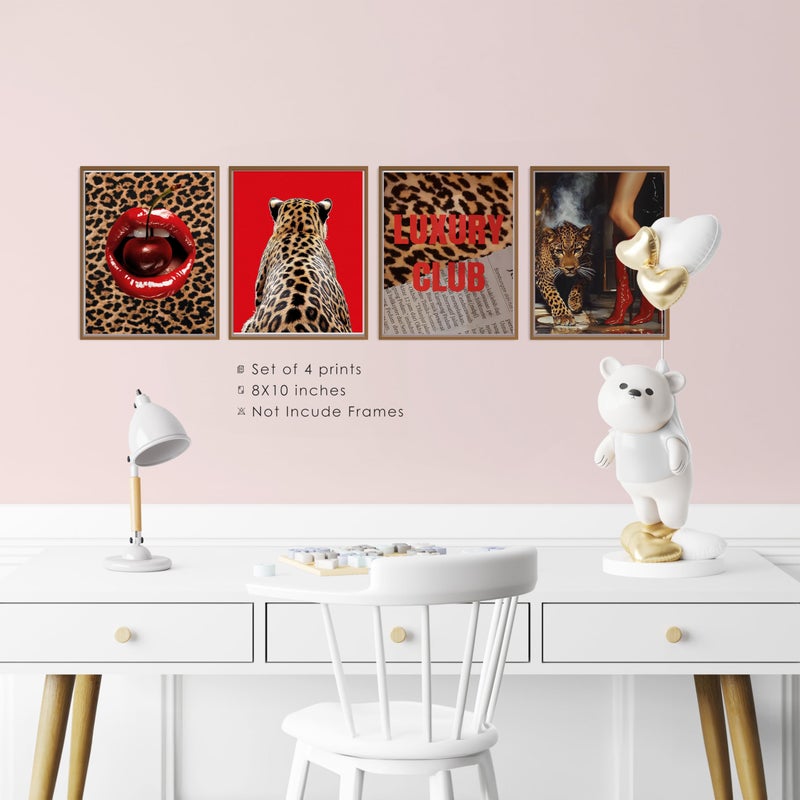 BESERH Cheetah Print Room Wall Decor, Funky Red Leopard Cherry Wall Art Prints, Modern Aesthetic Leopard Posters for Girls Bedroom Dorm Apartment Home, 8x10 Inches Set of 4 Unframed - Image 3