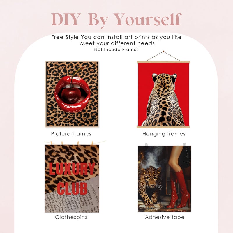 BESERH Cheetah Print Room Wall Decor, Funky Red Leopard Cherry Wall Art Prints, Modern Aesthetic Leopard Posters for Girls Bedroom Dorm Apartment Home, 8x10 Inches Set of 4 Unframed - Image 2