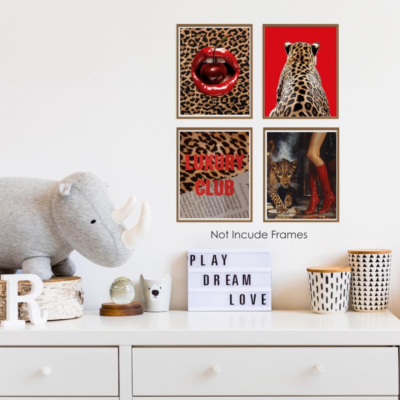 BESERH Cheetah Print Room Wall Decor, Funky Red Leopard Cherry Wall Art Prints, Modern Aesthetic Leopard Posters for Girls Bedroom Dorm Apartment Home, 8x10 Inches Set of 4 Unframed - Image 4