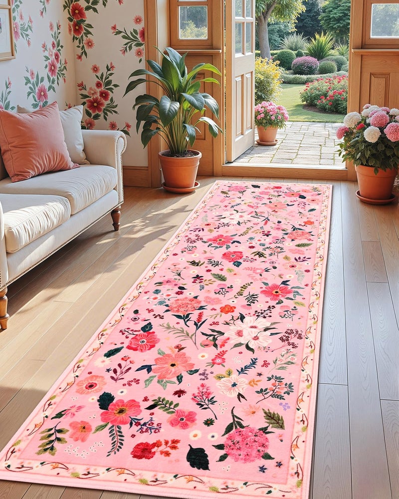 Macgace Pink Floral Runner Rug, 2x6 Flowers Printed Washable Rugs with Non Slip Backing for Girls Bedroom Kitchen Hallway, Cute Carpet Runners Home Aesthetic Decor - Image 1