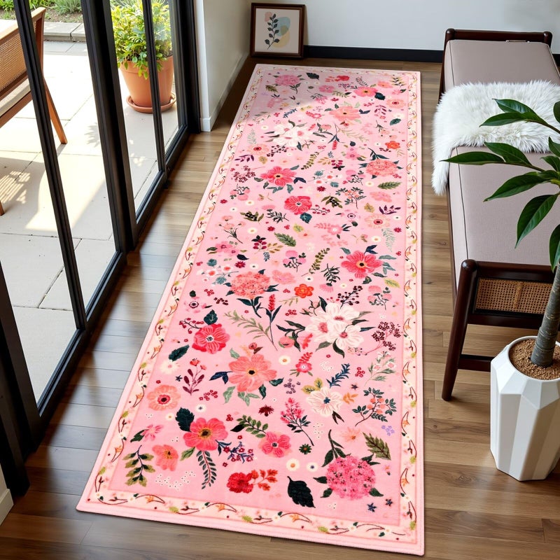 Macgace Pink Floral Runner Rug, 2x6 Flowers Printed Washable Rugs with Non Slip Backing for Girls Bedroom Kitchen Hallway, Cute Carpet Runners Home Aesthetic Decor - Image 2