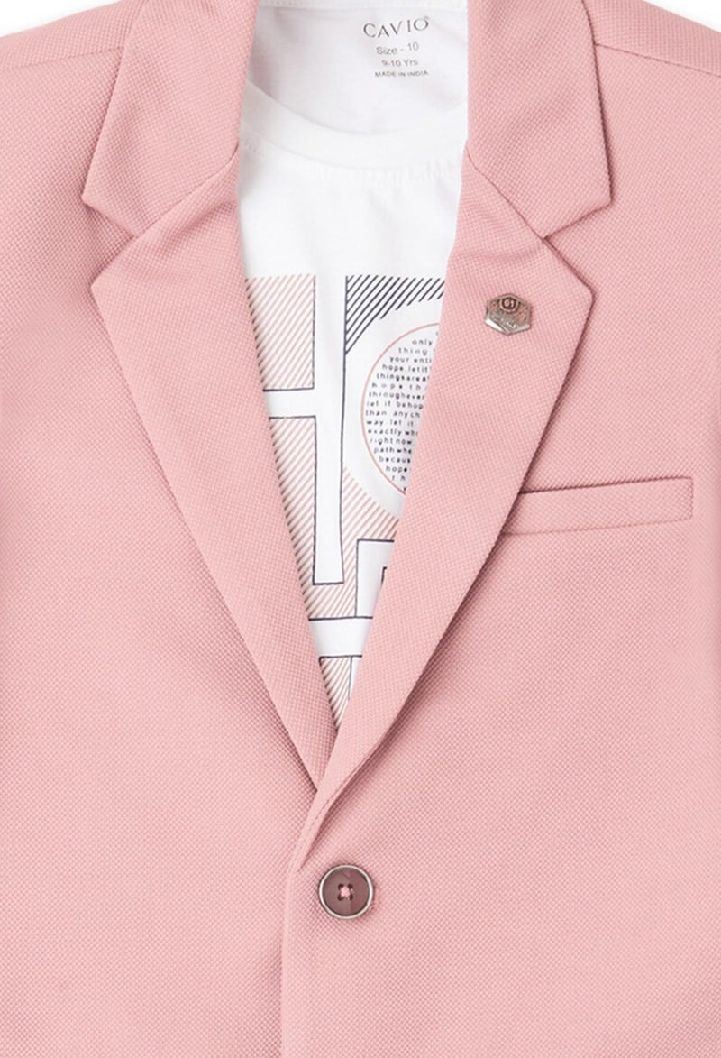 CAVIO Boys Pink Regular Fit Solid Cotton Blazer and T-Shirt, Single Breasted - Image 4