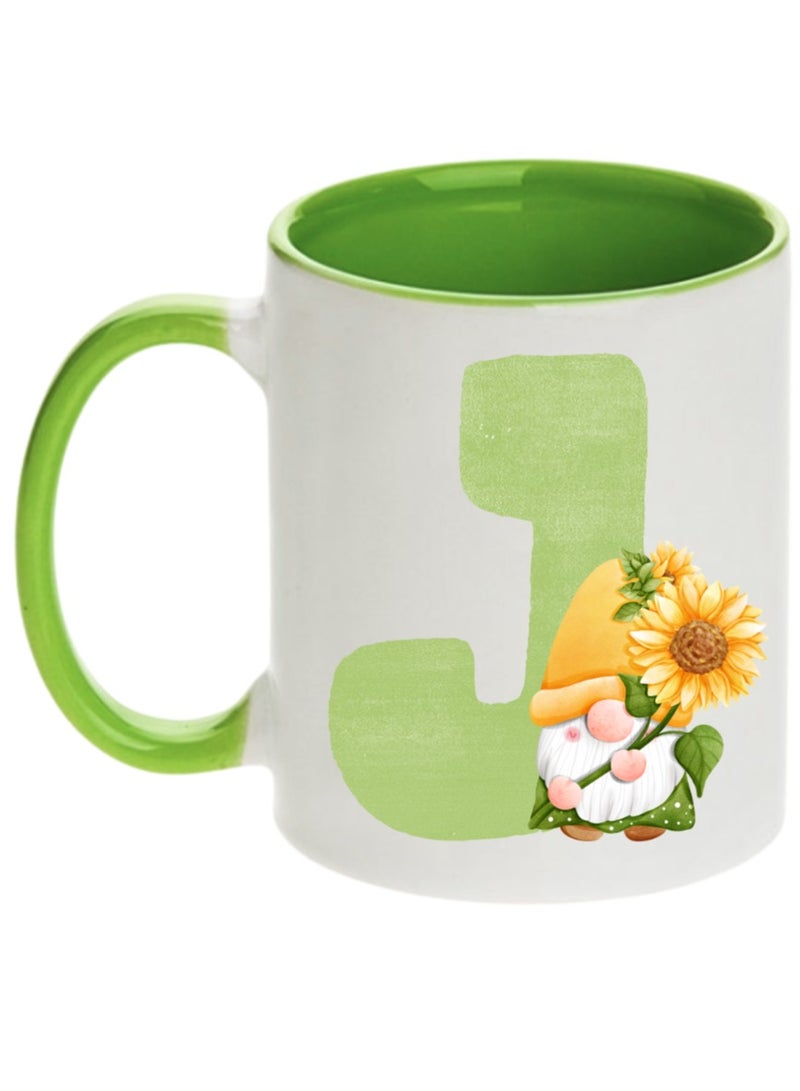 Green Customized Alphabet Letter Coffee Mug with Sunflower Gnome Design, 11oz Two-Tone Ceramic Mug for Home, Office, Eid, Ramadan, Mother’s Day, Birthdays, Spring, Holidays & Gift Ideas (J)