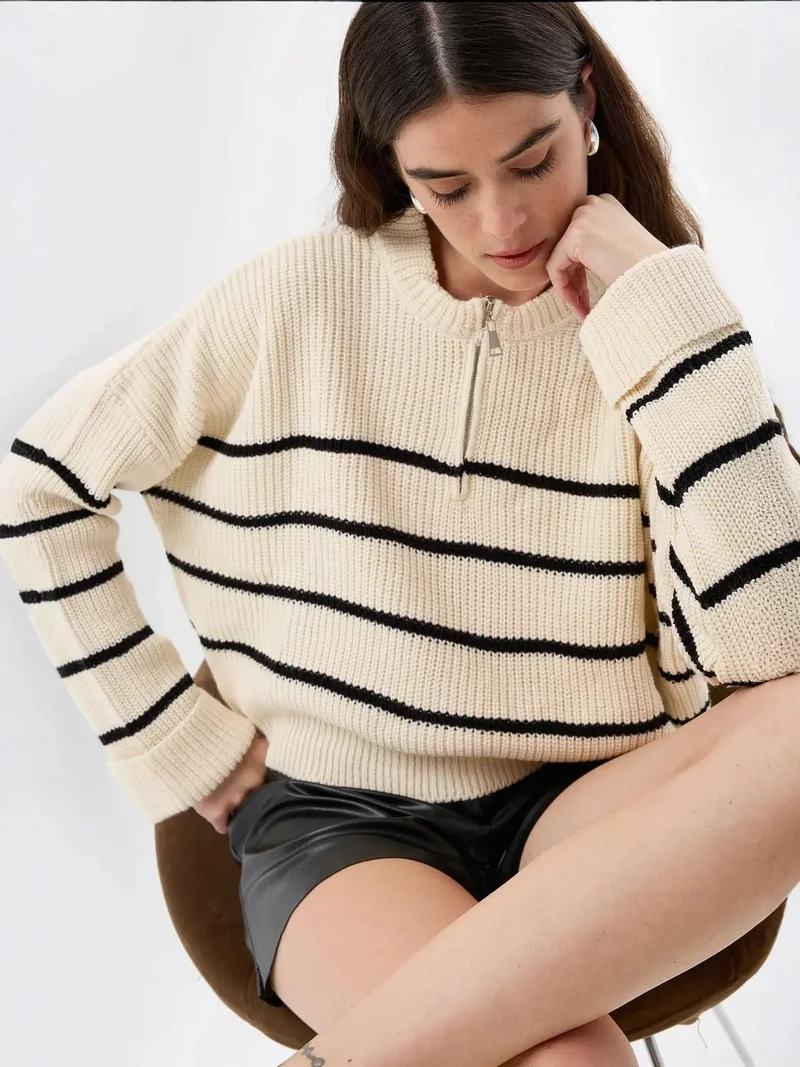 HICCUP Striped Zippered Knit Sweater