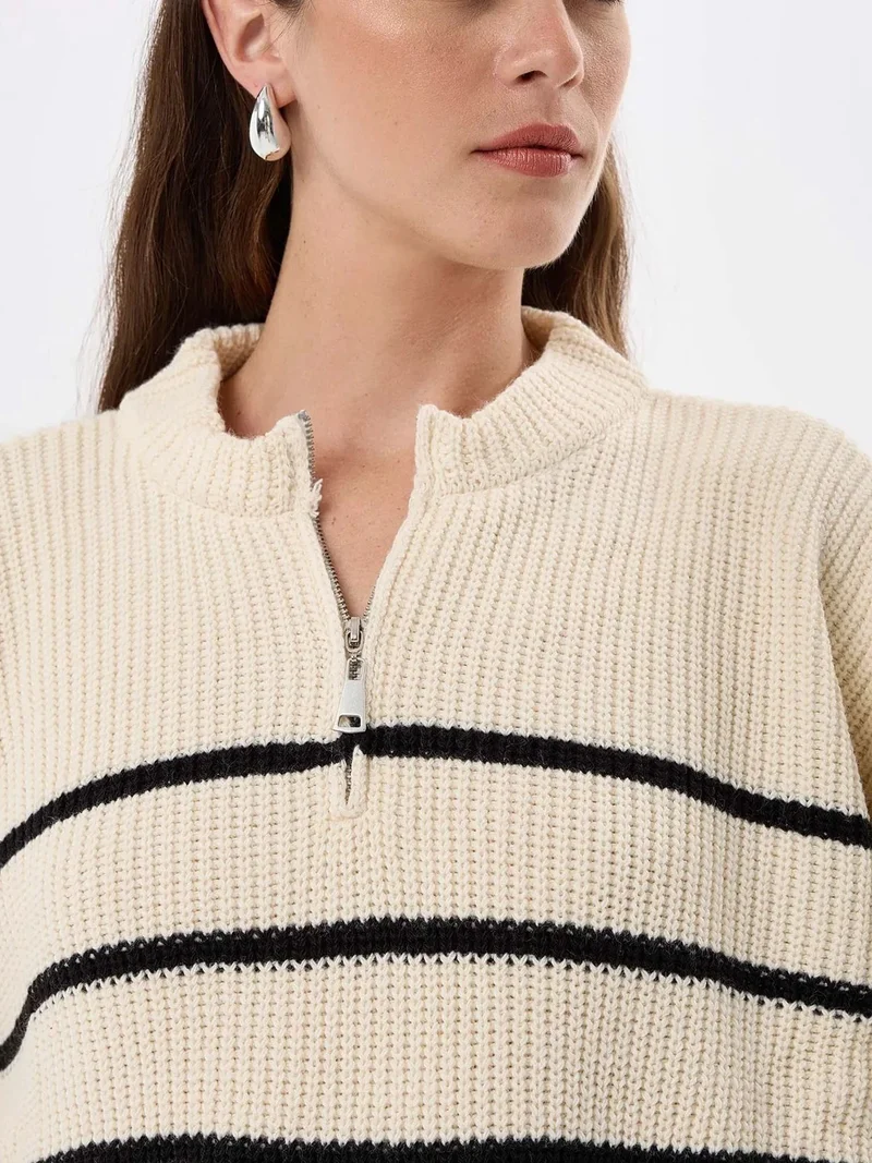 HICCUP White Striped Zippered Knit Sweater for Women | Best Price UAE