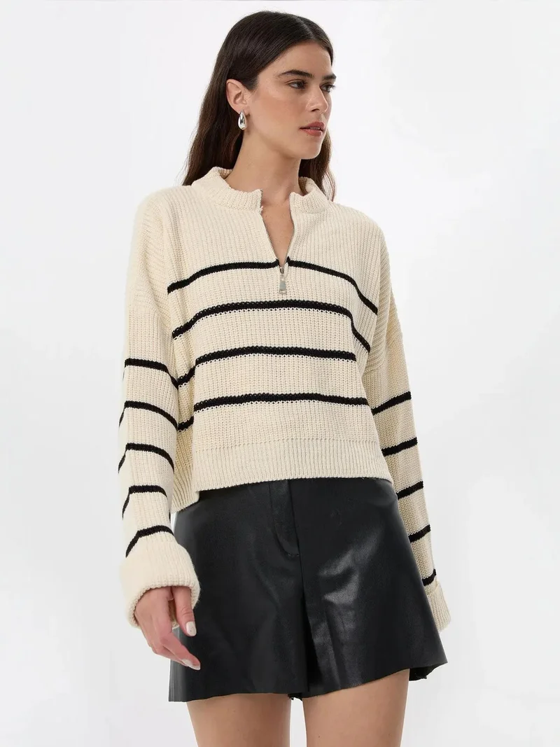 HICCUP White Striped Zippered Knit Sweater for Women | Best Price UAE