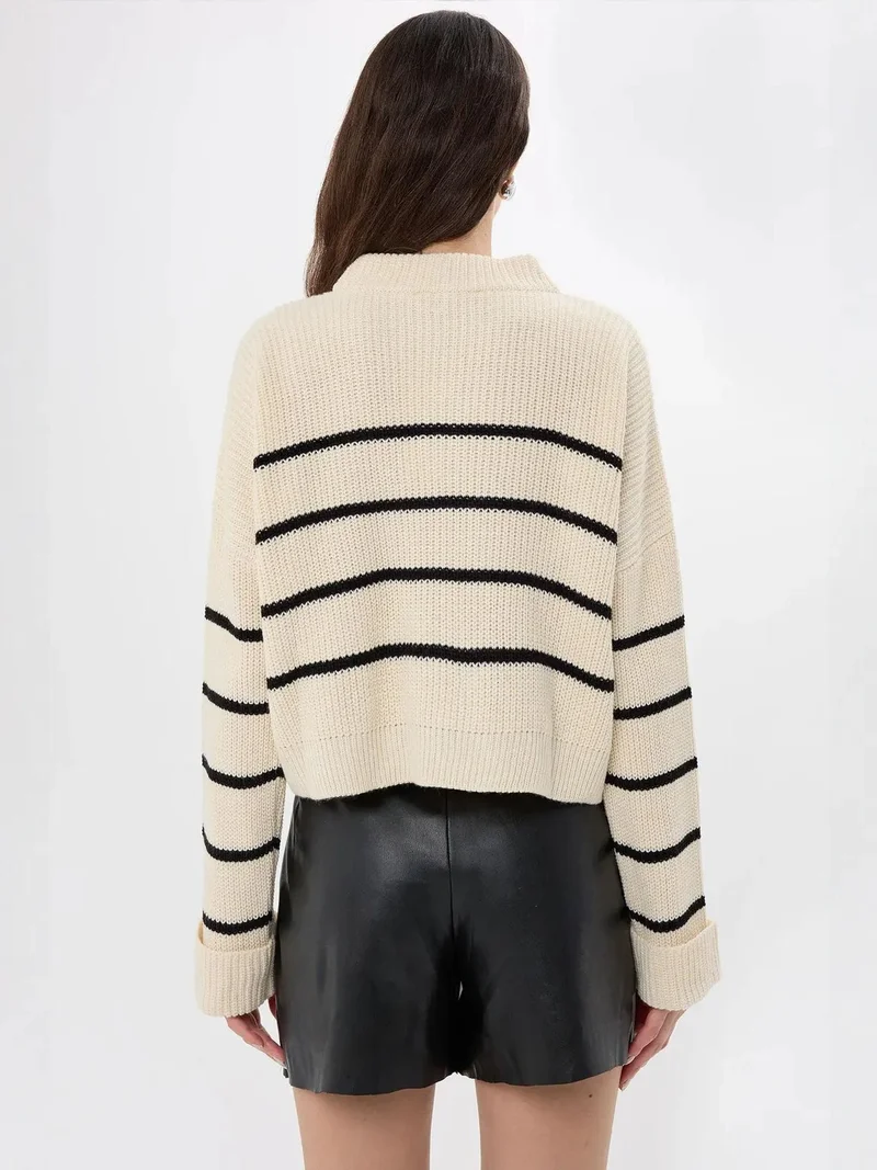 HICCUP White Striped Zippered Knit Sweater for Women | Best Price UAE