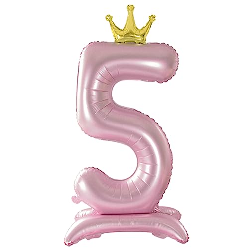 Tellpet Crown Pink Number 5 Balloon with Base For Girls 5th Birthday Party Decoration - Image 1