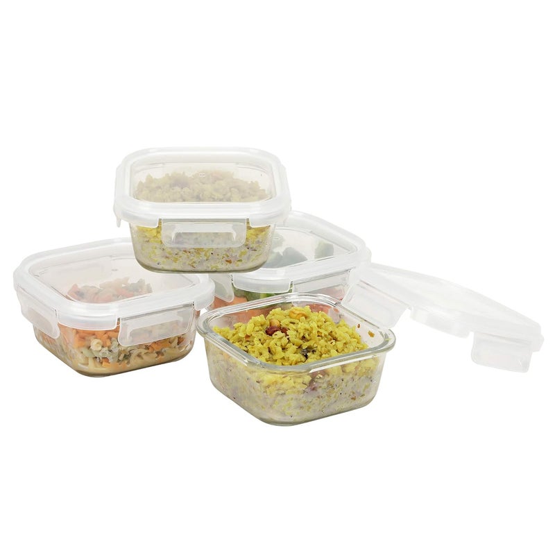 SIMPARTE Borosilicate Square Glass Food Container with Lid Transparent Safe Storage Lock Microwave Safe Oven Safe 320ML set of 4 - Image 1