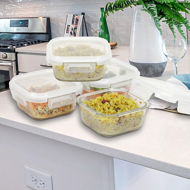SIMPARTE Borosilicate Square Glass Food Container with Lid Transparent Safe Storage Lock Microwave Safe Oven Safe 320ML set of 4 - Image 3