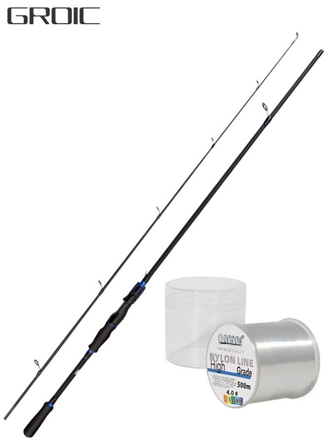 GROIC Traveller Baitcasting Fishing Rod with 500m Nylon fishing Line, Lightweight Carbon Spinning Straight Handle Angling Pole Portable 2.4m-Blue - Image 1