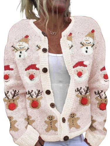 Beopjesk Women's Funny Fall Winter Long Sleeve Christmas Tree Elk Santa Claus Xmas Button Knit Cardigan Sweater Vintage Knitted Outerwear(Christmas-Winter,L) - Image 2