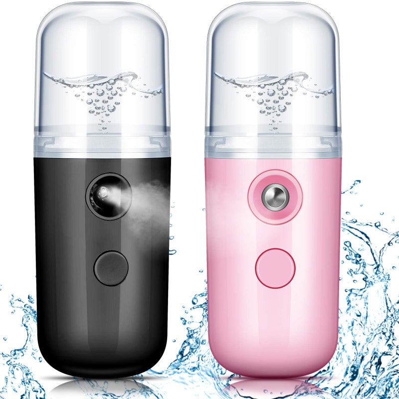 Honoson 2 Pieces Nano Facial Mister 30 ml Mini Face Humidifier Portable Facial Sprayer USB Rechargeable Handy Skin Care Machine for Face Hydrating Daily Makeup Black and Pink