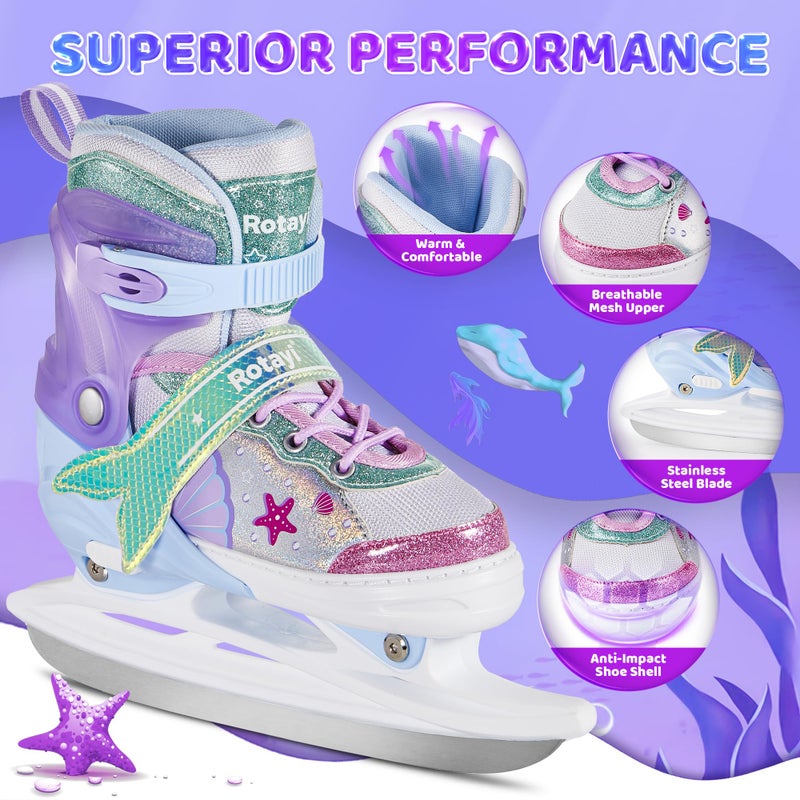 Rotayi Mermaid Tail Girls Ice Skates, Adjustable Ice Skates for Kids Youth Ages 3-12, Toddler Ice Hockey Skates for Beginners, Warm and Comfortable Lining Ice Skating Shoes for Outdoor and Rink(Medium, Blue) - Image 2
