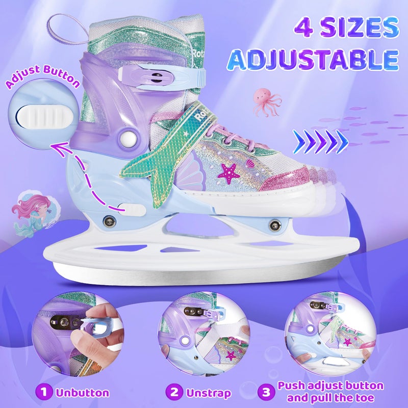 Rotayi Mermaid Tail Girls Ice Skates, Adjustable Ice Skates for Kids Youth Ages 3-12, Toddler Ice Hockey Skates for Beginners, Warm and Comfortable Lining Ice Skating Shoes for Outdoor and Rink(Medium, Blue) - Image 3