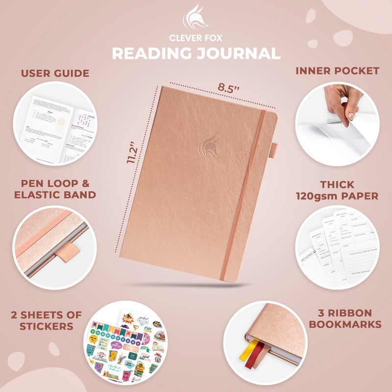 Clever Fox Reading Journal Large â€“ Guided Book Review Log & Tracker â€“ Gifts & Accessories for Reading Lover â€“ Book Tracking Journal for Kids & Adults, 8.5x11.2â€ (Rose Gold) - Image 2