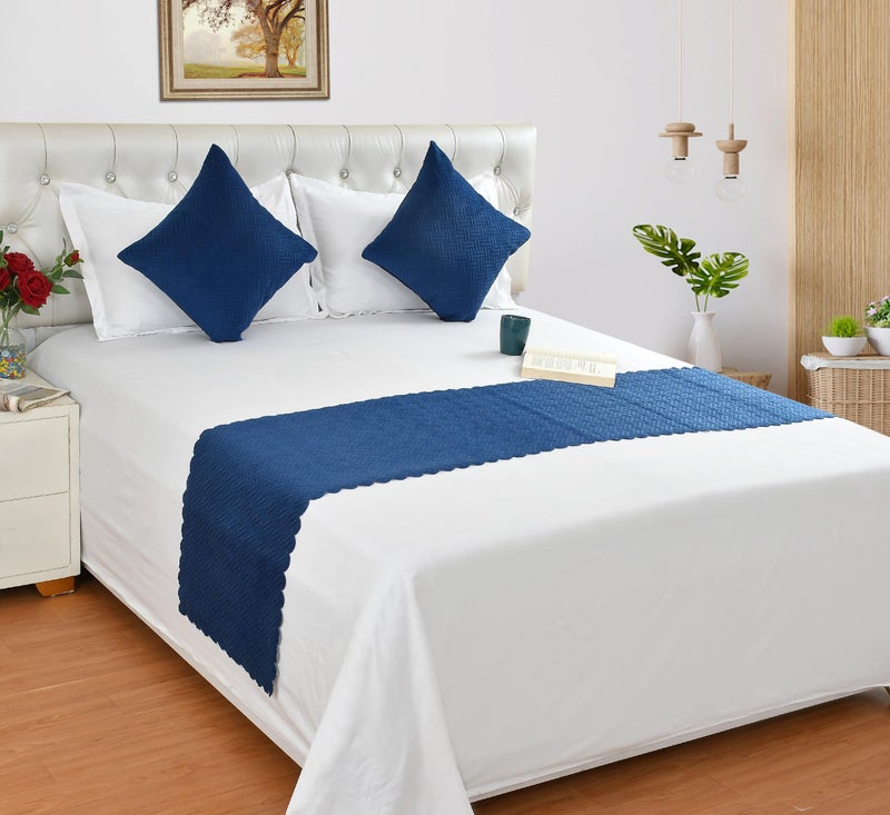 Shri Anand Creations Ultrasonic Quilted Velvet Bed Runner Scarf with Cushion Covers for Double Bed, King Size Bed (Runner: 18x90, Cushion Cover: 16x16) (Blue) - Image 1