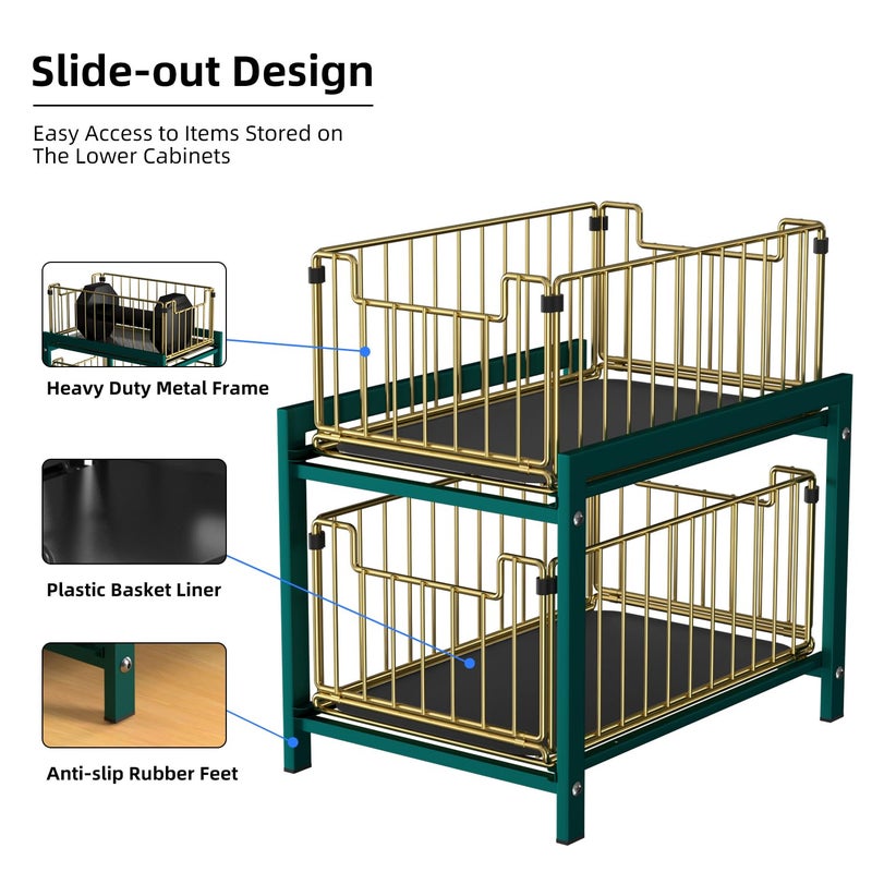 Lxmons 2 Tier Sliding Basket Drawer Organizer  Lxmons Pull Out Under Sink Cabinets Organizers  Metal Home Shelf for Bathroom or Kitchen  Sliding Countertop or Pantry Storage Shelf  Large Gold Green  - Image 3