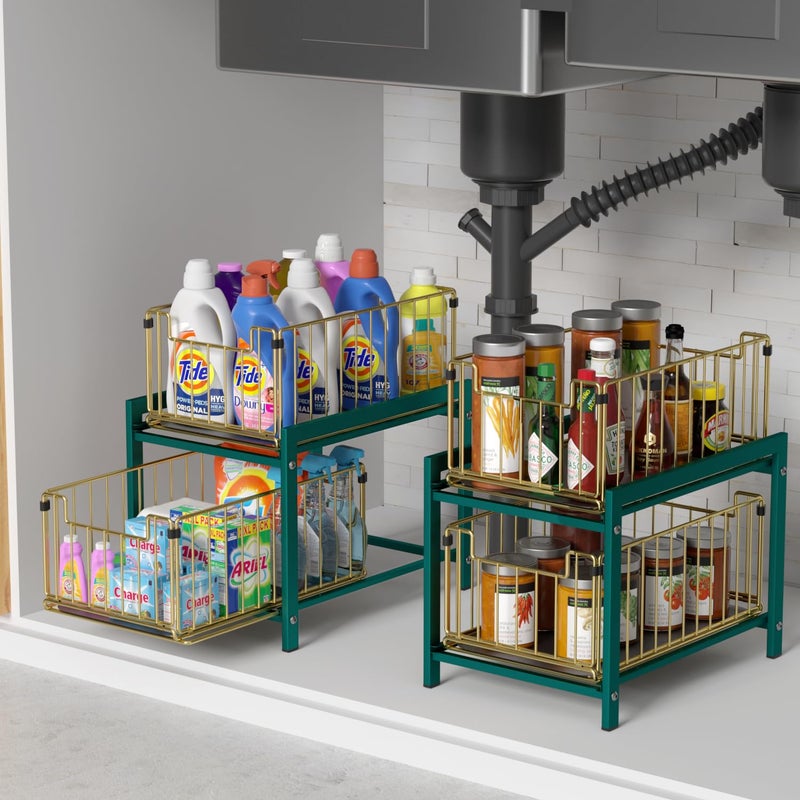 Lxmons 2 Tier Sliding Basket Drawer Organizer  Lxmons Pull Out Under Sink Cabinets Organizers  Metal Home Shelf for Bathroom or Kitchen  Sliding Countertop or Pantry Storage Shelf  Large Gold Green  - Image 2