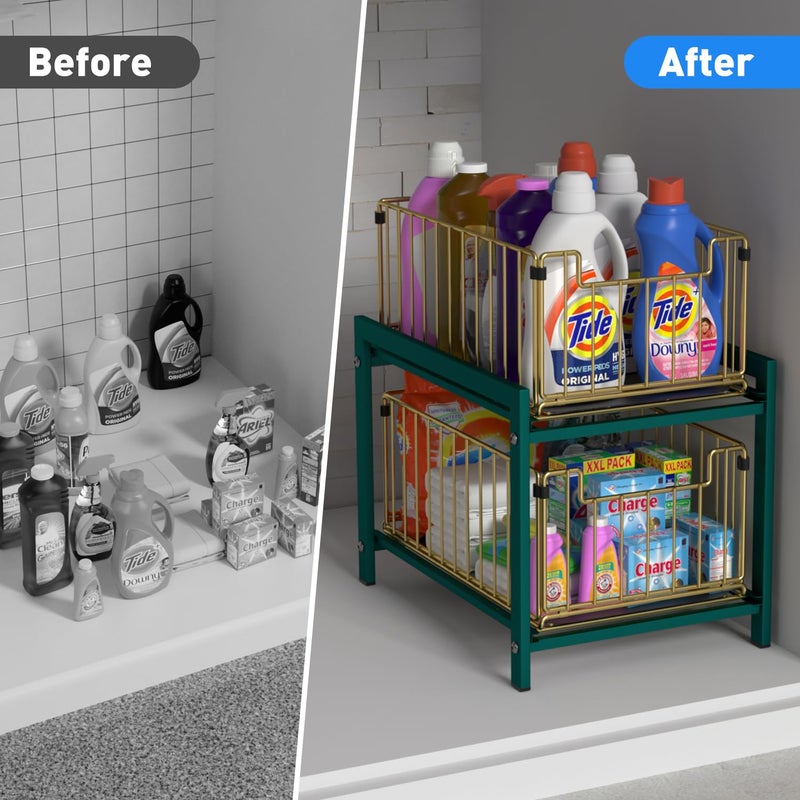 Lxmons 2 Tier Sliding Basket Drawer Organizer  Lxmons Pull Out Under Sink Cabinets Organizers  Metal Home Shelf for Bathroom or Kitchen  Sliding Countertop or Pantry Storage Shelf  Large Gold Green  - Image 4