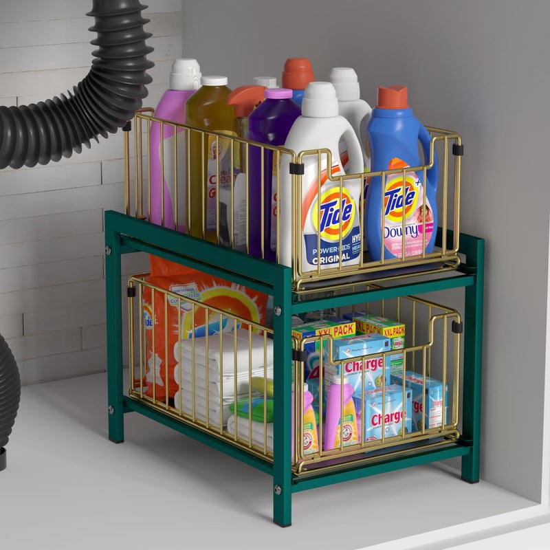 Lxmons 2 Tier Sliding Basket Drawer Organizer  Lxmons Pull Out Under Sink Cabinets Organizers  Metal Home Shelf for Bathroom or Kitchen  Sliding Countertop or Pantry Storage Shelf  Large Gold Green  - Image 1