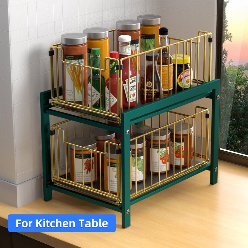 Lxmons 2 Tier Sliding Basket Drawer Organizer  Lxmons Pull Out Under Sink Cabinets Organizers  Metal Home Shelf for Bathroom or Kitchen  Sliding Countertop or Pantry Storage Shelf  Large Gold Green  - Image 5