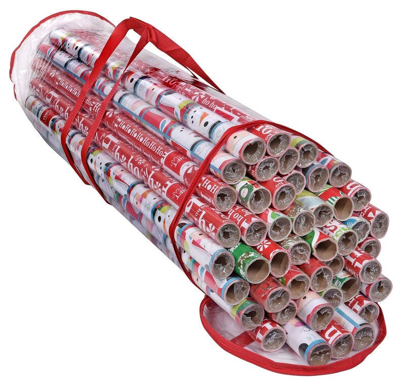 Primode Wrapping Paper Storage Bag Gift Wrap Organizer Fits 40 Inch Long Rolls Hold Up to 24 Rolls Heavy Duty Clear PVC Bag with Top and Side Handles Red