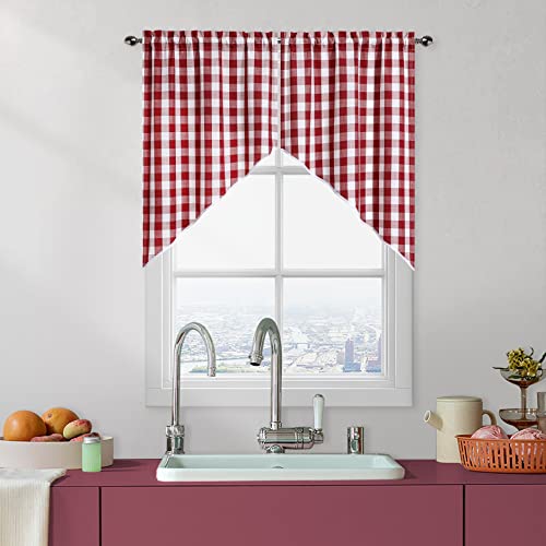 Bapawfish Red White Swag Valance Curtains for Kitchen 36 Inches Length,Burgundy Buffalo Check Farmhouse Pattern Short Bathroom Window Curtain,Plaid Gingham Window Treatment,28"x36"x2,Red/White - Image 1