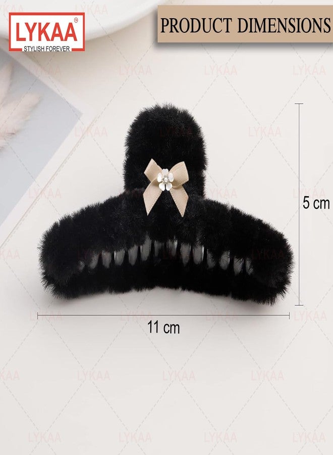 Lykaa Soft Faux Fleece Fur Large Hair Clutcher With Flower Hair Claw Clips Hair Accessories Fur Hair Clip For Women and Girls (Pack of 2, Multicolor) - Image 2