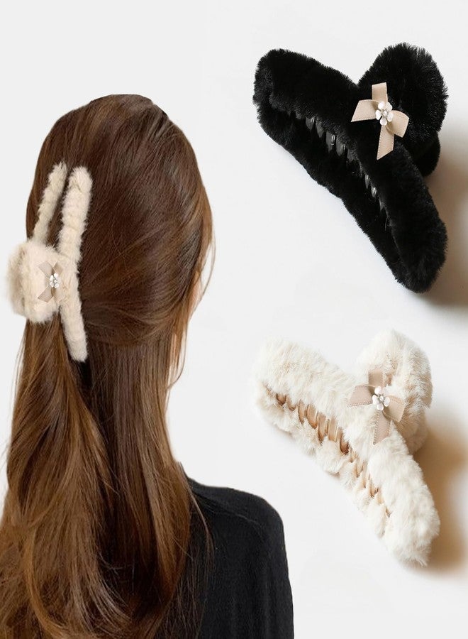 Lykaa Soft Faux Fleece Fur Large Hair Clutcher With Flower Hair Claw Clips Hair Accessories Fur Hair Clip For Women and Girls (Pack of 2, Multicolor) - Image 1