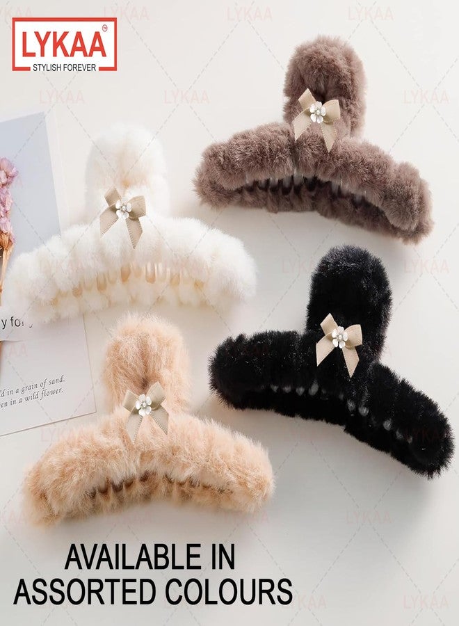 Lykaa Soft Faux Fleece Fur Large Hair Clutcher With Flower Hair Claw Clips Hair Accessories Fur Hair Clip For Women and Girls (Pack of 2, Multicolor) - Image 4