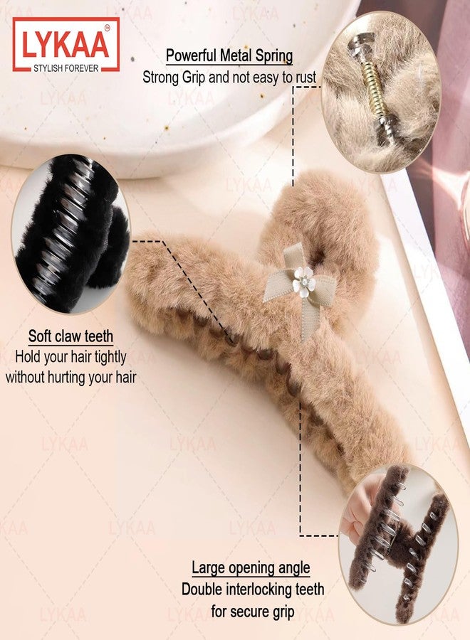 Lykaa Soft Faux Fleece Fur Large Hair Clutcher With Flower Hair Claw Clips Hair Accessories Fur Hair Clip For Women and Girls (Pack of 2, Multicolor) - Image 3