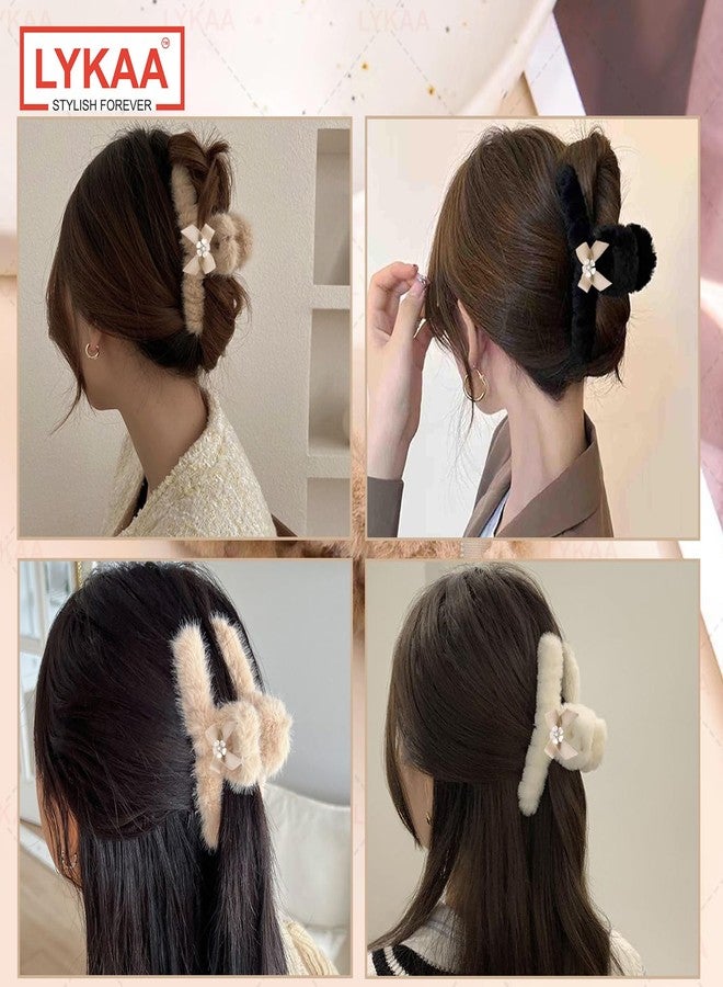 Lykaa Soft Faux Fleece Fur Large Hair Clutcher With Flower Hair Claw Clips Hair Accessories Fur Hair Clip For Women and Girls (Pack of 2, Multicolor) - Image 5