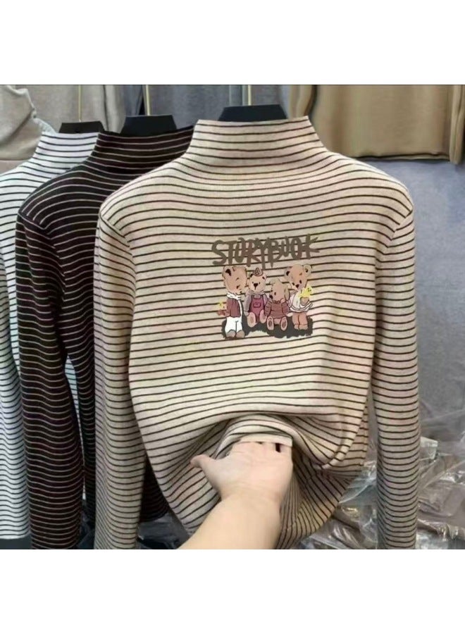 Boys And Girls' Thermal Base Layer Shirts, Spring And Autumn, Big Kids' Half-high Collar Long-sleeve T-shirts, Stylish Striped Warm Tops