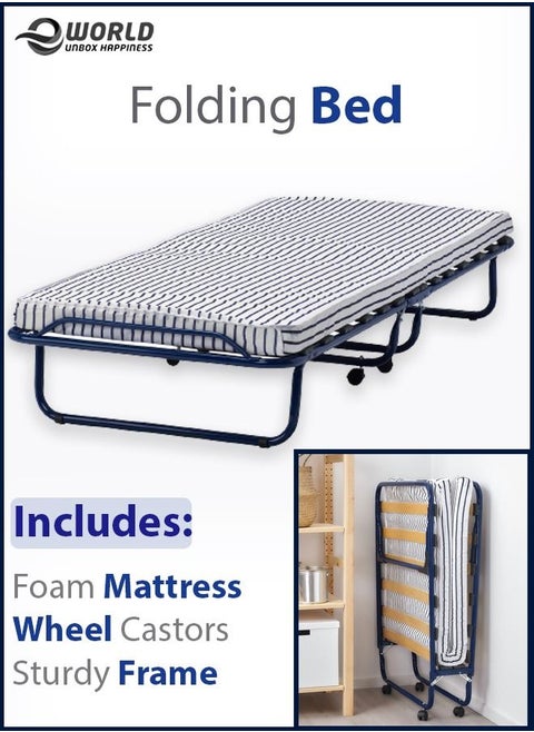 Folding Guest Bed Sturdy Steel Frame with Luxurious Foldable Foam Mattress and wheel castors Roll