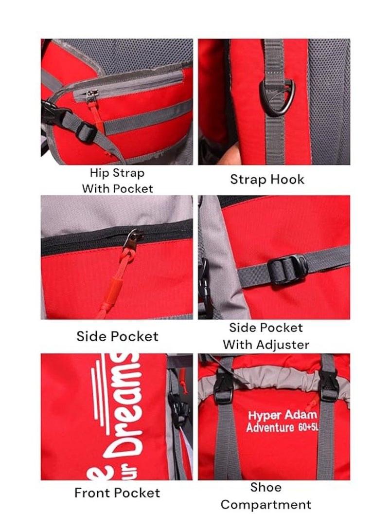 Hyper Adam TRAVEL BACKPACK FOR OUTDOOR SPORT HIKING TREKKING BAG CAMPING RUCKSACK - 65 L (Red) - Image 2