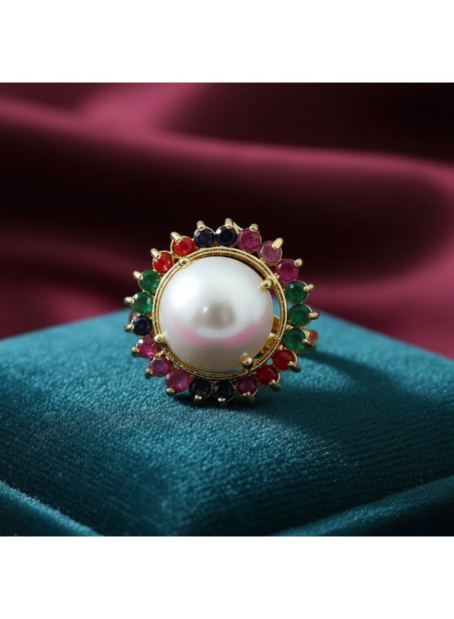 Pretty Precious Elegant Pearl Statement Ring with Multicolor Gemstone Halo – Gold Plated Designer Finger Ring for Women & Girls - Image 1