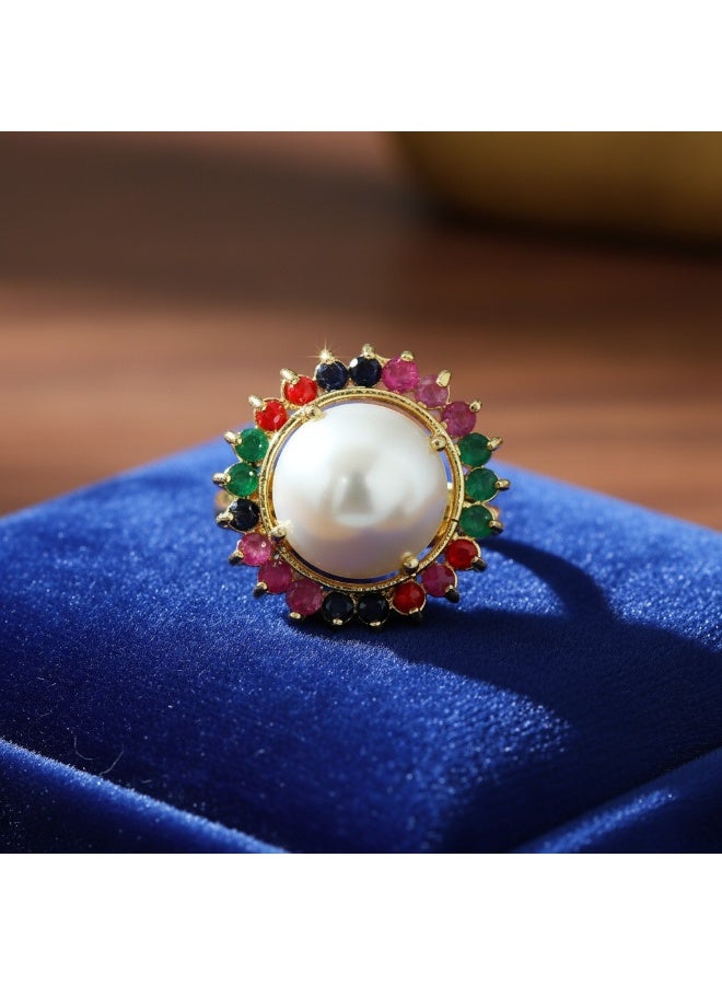 Pretty Precious Elegant Pearl Statement Ring with Multicolor Gemstone Halo – Gold Plated Designer Finger Ring for Women & Girls - Image 4