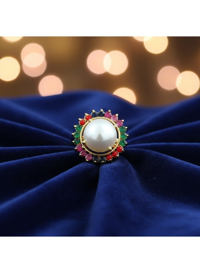 Pretty Precious Elegant Pearl Statement Ring with Multicolor Gemstone Halo – Gold Plated Designer Finger Ring for Women & Girls - Image 5