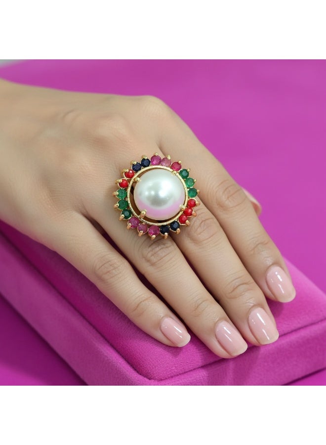 Pretty Precious Elegant Pearl Statement Ring with Multicolor Gemstone Halo – Gold Plated Designer Finger Ring for Women & Girls - Image 2