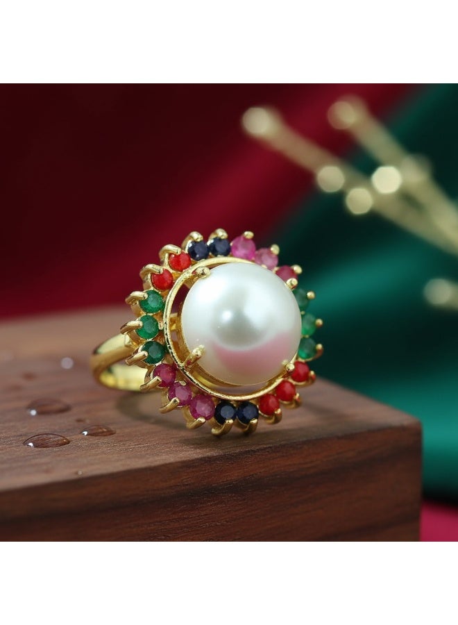 Pretty Precious Elegant Pearl Statement Ring with Multicolor Gemstone Halo – Gold Plated Designer Finger Ring for Women & Girls - Image 3
