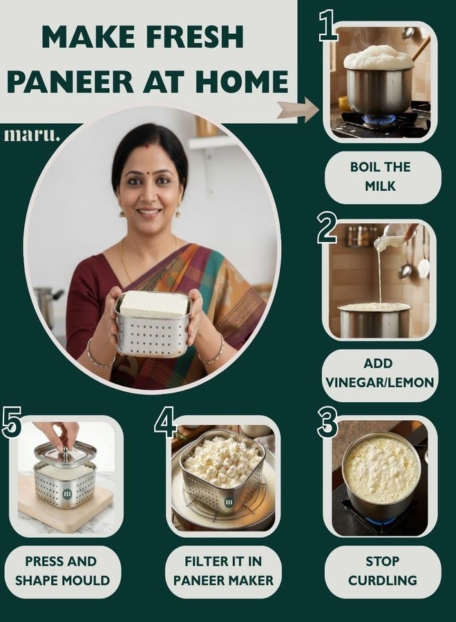 Maru Stainless Steel Yogurt Maker 750ml & Paneer Maker 600ml Combo Set, Easy to Use Hung Curd Maker, Greek Yogurt & Fresh Paneer & Sprouts Making Strainer, Durable Dairy Straining Tools - Image 4